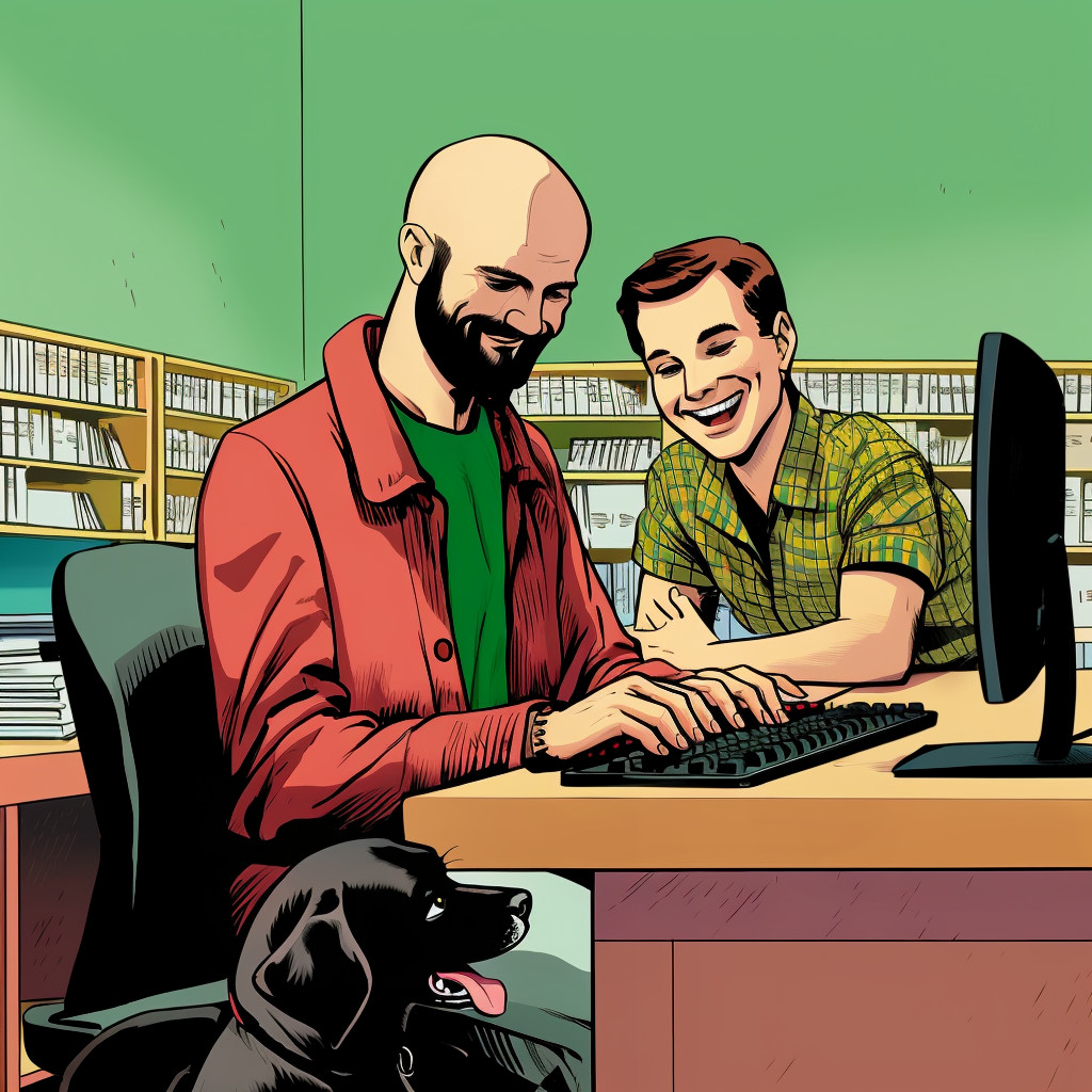 A cartoon of Christopher Smith with an intern and a dog