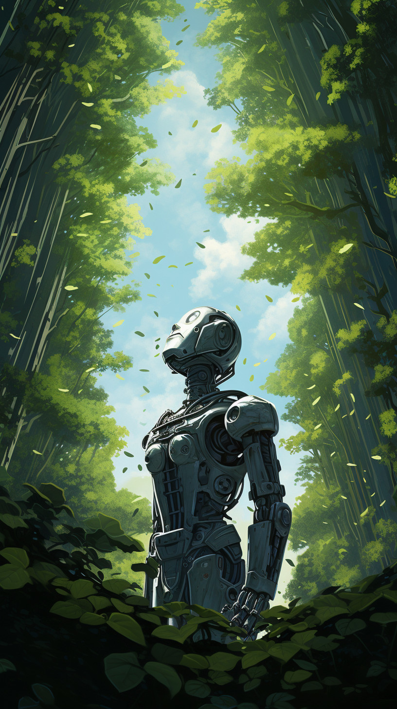 Robot gazes up through the canopy of a forest