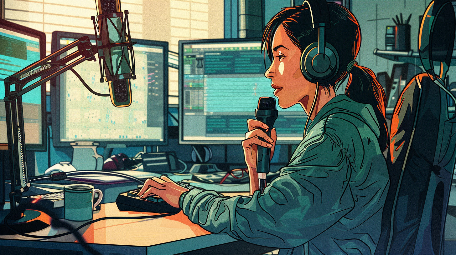 Young Asian woman records a podcast in a studio